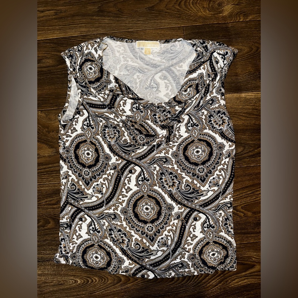 Michael Kors Sleeveless Paisley Print Blouse in Black, White, Brown